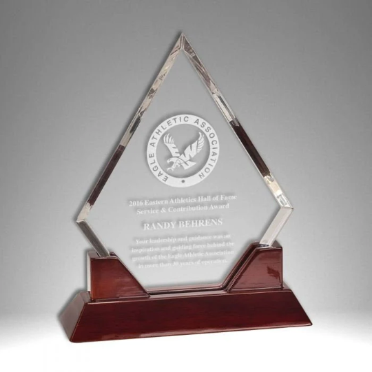 Personalized Diamond Acrylic Award with Rosewood Base | Accomplishment & Achievement Trophies | Business Office Awards | Engraving Included