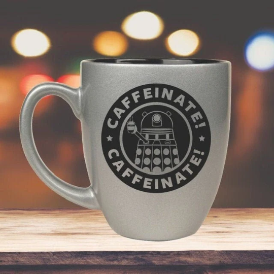 Dalek Caffeinate Coffee Mug | Large Doctor Who Inspired Ceramic Bistro Coffee Cup | Coffee House Style Dr Who Dalek Coffee Mug | Whovian Gifts