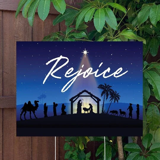 Christmas Yard Sign | Baby Jesus Manger Scene - Rejoice | Large Holiday Sign with Metal Stake Included | 24"x18" Lawn Sign