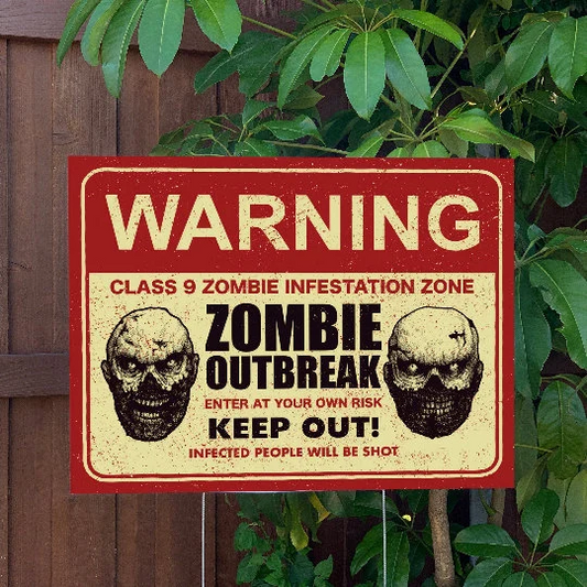 Halloween Yard Sign | Warning Zombie Outbreak | Large Holiday Sign with Metal Stake Included | 24"x18" Lawn Sign