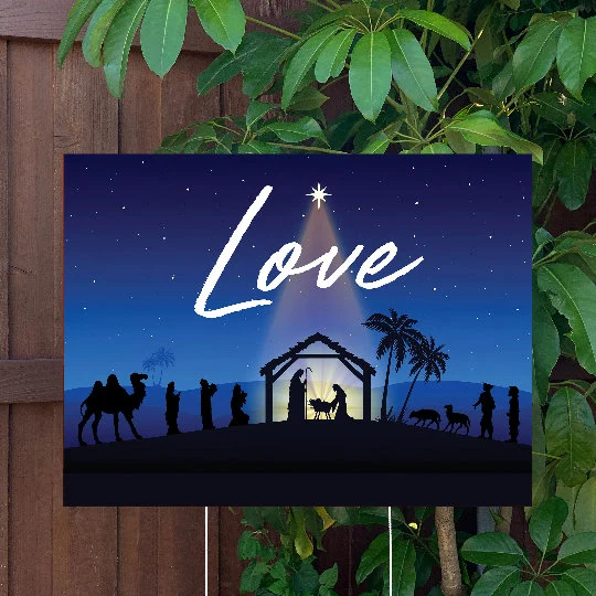 Christmas Yard Sign | Baby Jesus Manger Scene - Love | Large Holiday Sign with Metal Stake Included | 24"x18" Lawn Sign