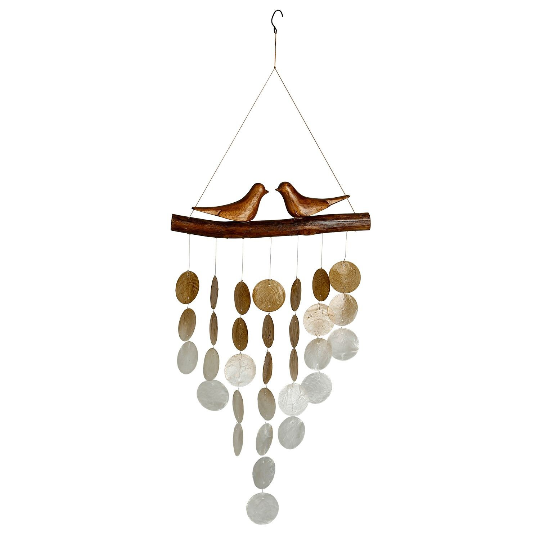 29" Natural Love Birds Capiz Wind Chime by Woodstock | Patio Chimes | Housewarming Gifts | Coastal Decor | Window Chimes | Gifts for Her