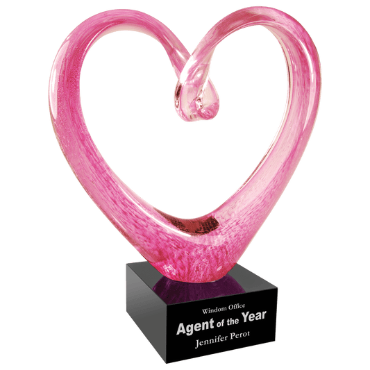 Customized 9" Pink Heart Glass Award with Black Base