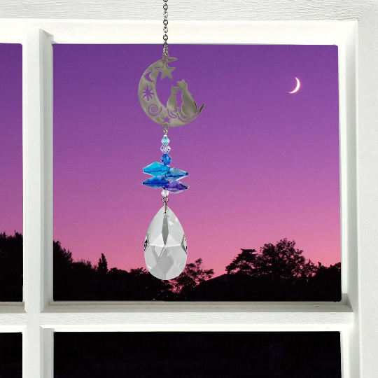 Crystal Cat & Moon Suncatcher | Rainbow Maker | Crystal Ornament | Light Catcher | Gifts for Her
