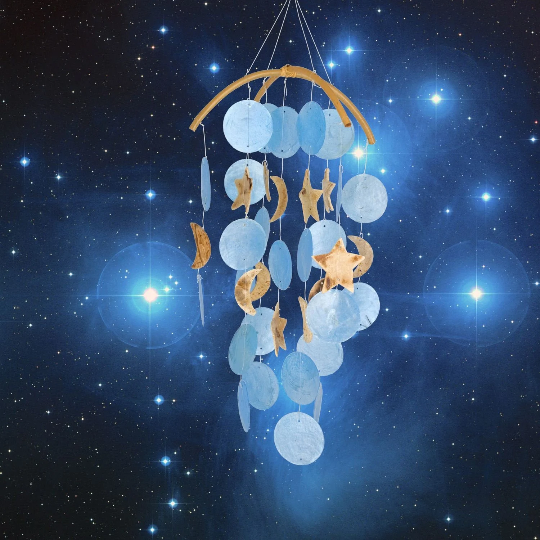 19" Dark Blue Moon and Stars Capiz Wind Chime by Woodstock | Studio Wind Chimes