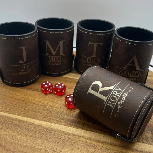 Custom Engraved Leather Dice Cups with 5 Dice Included | Game Night Gifts