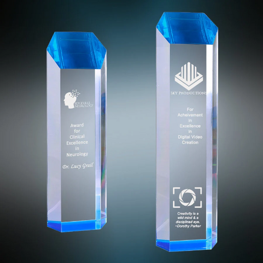 Custom Tall Tower Blue Acrylic Award | Engraving Included | Office Gifts