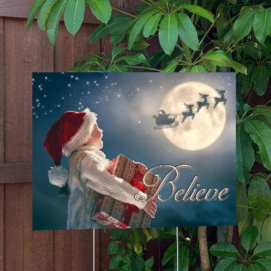Christmas Yard Sign | Believe - Santa's Sleigh | Large Holiday Sign with Metal Stake Included | 24"x18" Lawn Sign