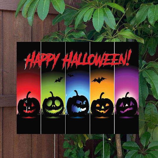 Halloween Yard Sign | Colorful Pumpkins | Large Holiday Sign with Metal Stake Included | 24"x18" Lawn Sign