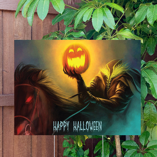 Halloween Yard Sign | Happy Halloween - Headless Horseman | Large Holiday Sign with Metal Stake Included | 24"x18" Lawn Sign