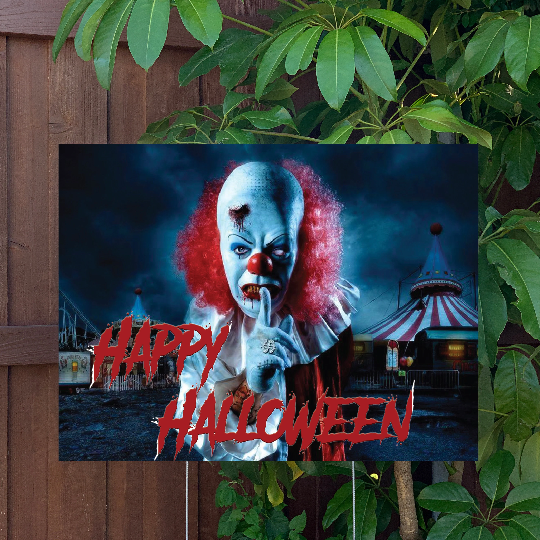 Halloween Yard Sign | Happy Halloween - Spooky Clown | Large Holiday Sign with Metal Stake Included | 24"x18" Lawn Sign