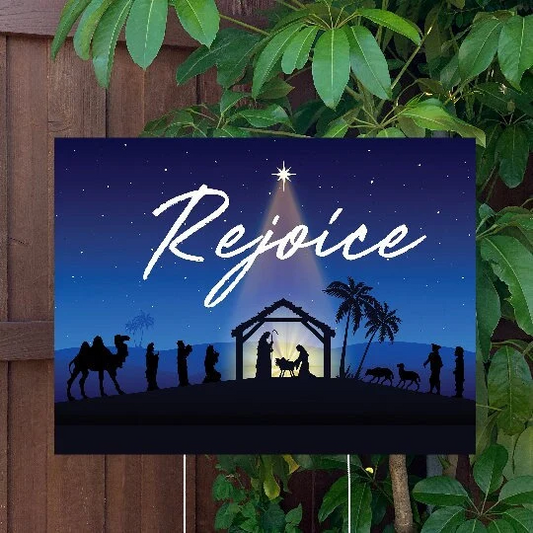 Christmas Yard Sign | Baby Jesus Manger Scene - Rejoice | Large Holiday Sign with Metal Stake Included | 24"x18" Lawn Sign