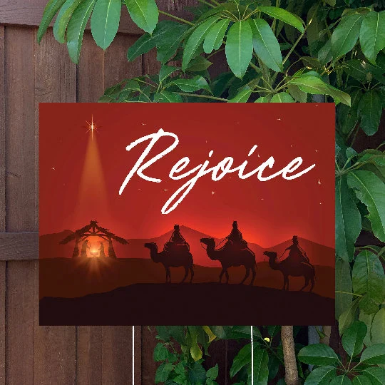 Christmas Yard Sign | Baby Jesus Manger Scene - Rejoice | Large Holiday Sign with Metal Stake Included | 24"x18" Lawn Sign