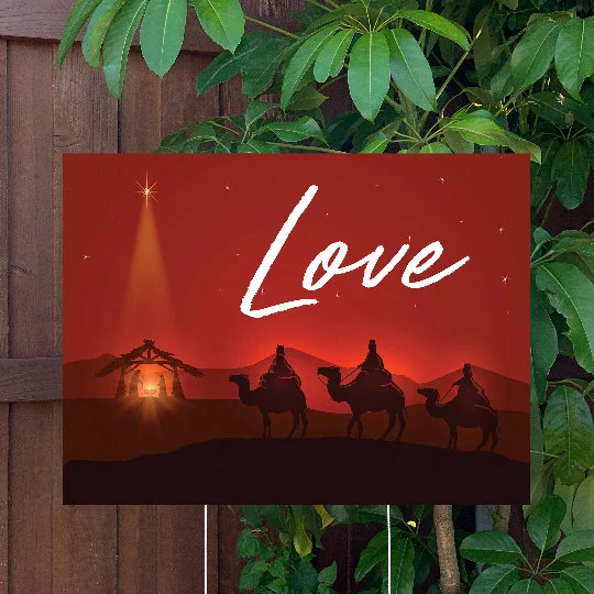 Christmas Yard Sign | Three Wise Men Manger Scene - Love | Large Holiday Sign with Metal Stake Included | 24"x18" Lawn Sign