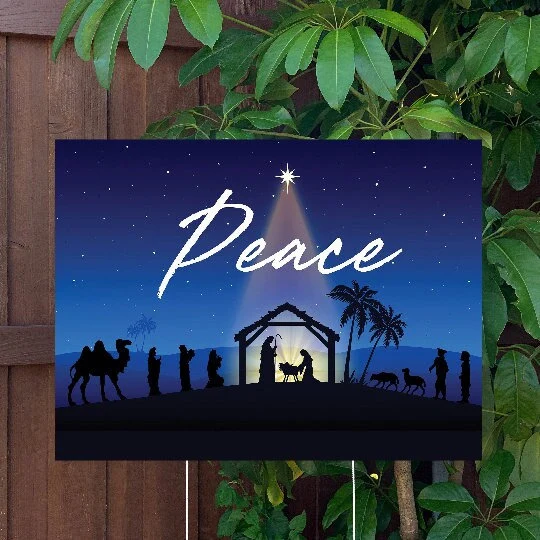 Christmas Yard Sign | Baby Jesus Manger Scene - Peace | Large Holiday Sign with Metal Stake Included | 24"x18" Lawn Sign