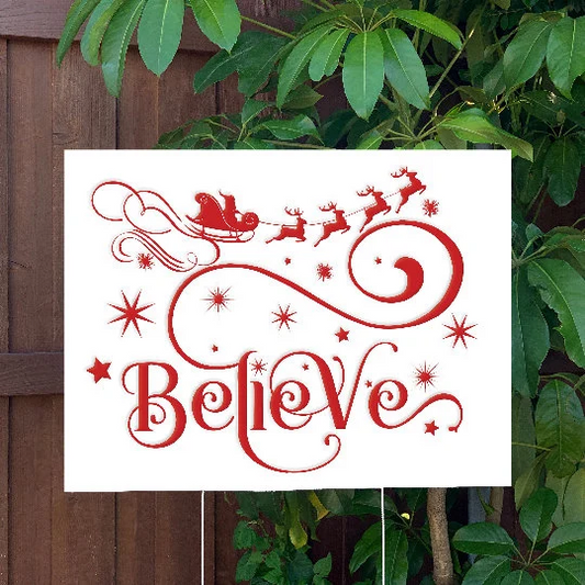 Christmas Yard Sign | Santa's Sleigh - Believe | Large Holiday Sign with Metal Stake Included | 24"x18" Lawn Sign
