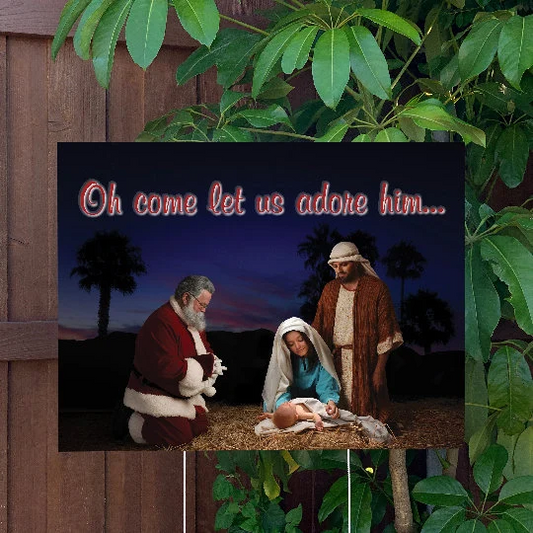 Christmas Yard Sign | Come Let Us Adore Him Manger Scene | Large Holiday Sign with Metal Stake Included | 24"x18" Lawn Sign