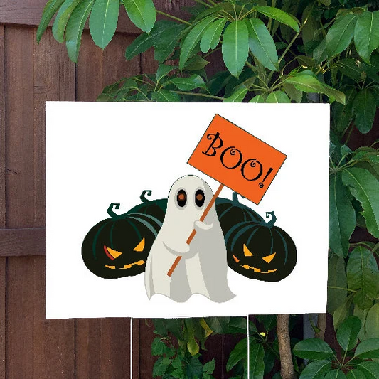 Halloween Yard Sign | Ghost & Pumpkins | Large Holiday Sign with Metal Stake Included | 24"x18" Lawn Sign