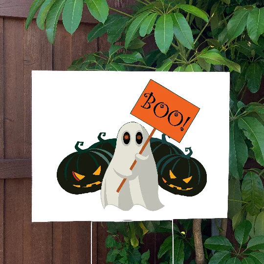 Halloween Yard Sign | Ghost & Pumpkins | Large Holiday Sign with Metal Stake Included | 24"x18" Lawn Sign