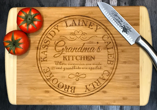 Grandma's Kitchen Bamboo Cutting Boards | Personalized Grandkid's Names Wood Cutting Boards | Different Styles Available