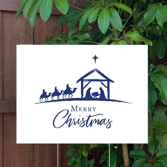 Christmas Yard Sign | Three Wise Men Manger Scene - Merry Christmas | Large Holiday Sign with Metal Stake Included | 24"x18" Lawn Sign