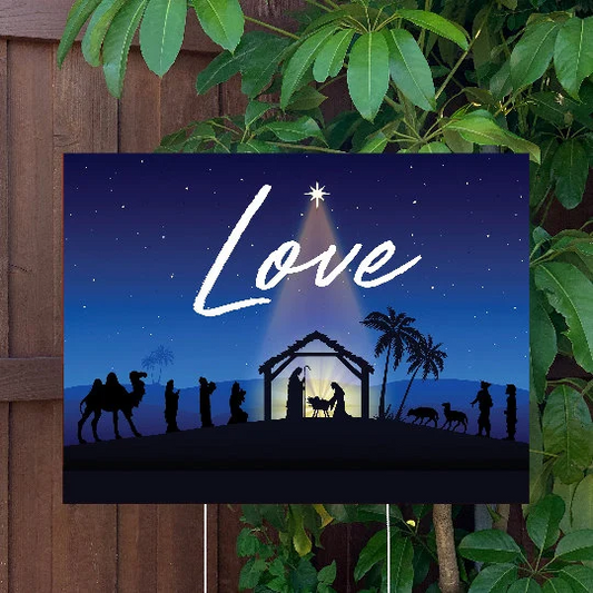 Christmas Yard Sign | Baby Jesus Manger Scene - Love | Large Holiday Sign with Metal Stake Included | 24"x18" Lawn Sign