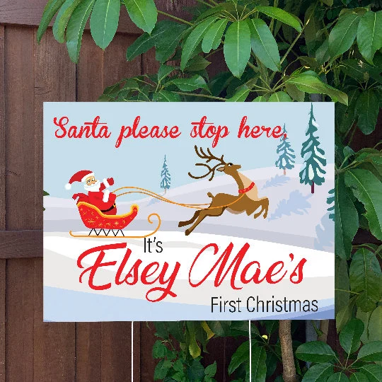 Christmas Yard Sign | Santa Please Stop Here Baby's First Christmas | Large Holiday Sign with Metal Stake Included | 24"x18" Lawn Sign