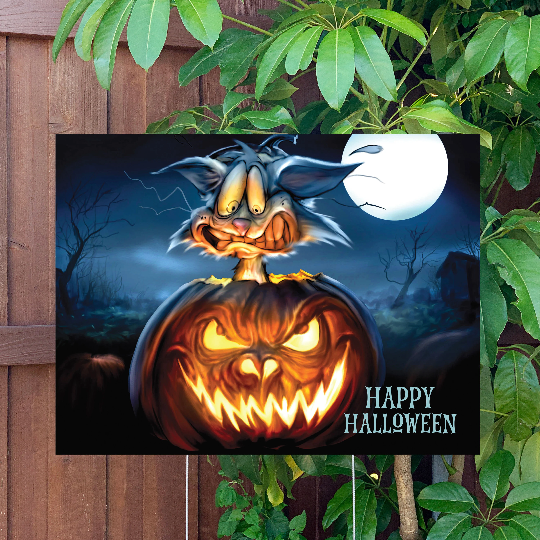 Halloween Yard Sign | Scary Pumpkin & Cat | Large Holiday Sign with Metal Stake Included | 24"x18" Lawn Sign
